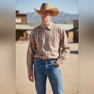 Lucky Brand Dungarees Shirt Mens L Western Medallion Stripe Button Down